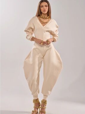 AKIRA Cream V-Neck Draped Harem Jumpsuit